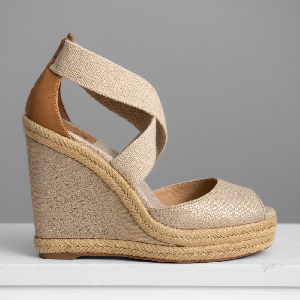 Tory Burch Sz 8 Metallic Canvas Espadrille Wedge Sandals Beige Gold Boho Chic